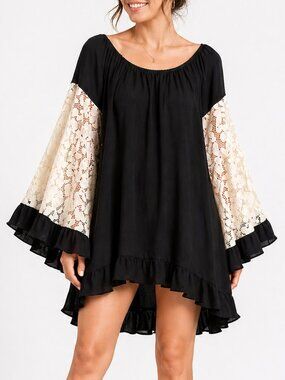 Noa Elle Dress Black Lace Sleeve Boho Tunic Dress Size Small